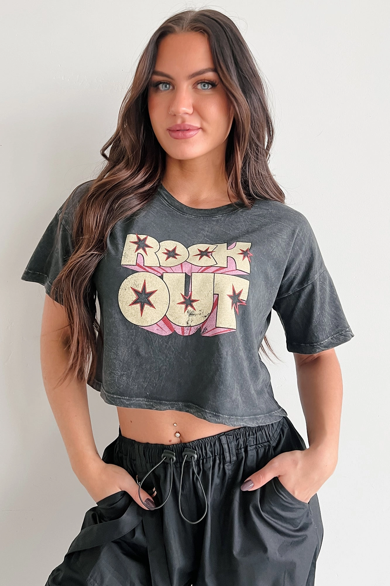 "Rock Out" Graphic Crop Tee (Charcoal) Sporty T-shirt