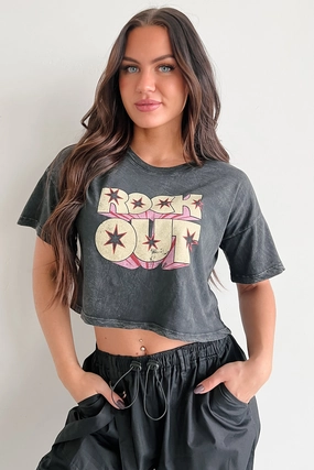 "Rock Out" Graphic Crop Tee (Charcoal) Soft Brushed Lining