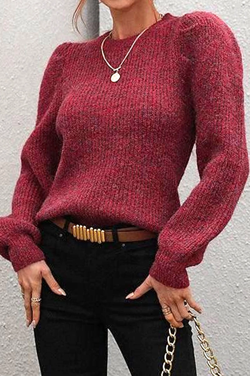 LOOSE FIT LEG OF MUTTON SLEEVE KNIT WARM SWEATER Double Needle Hemming WrinkleFree Weave