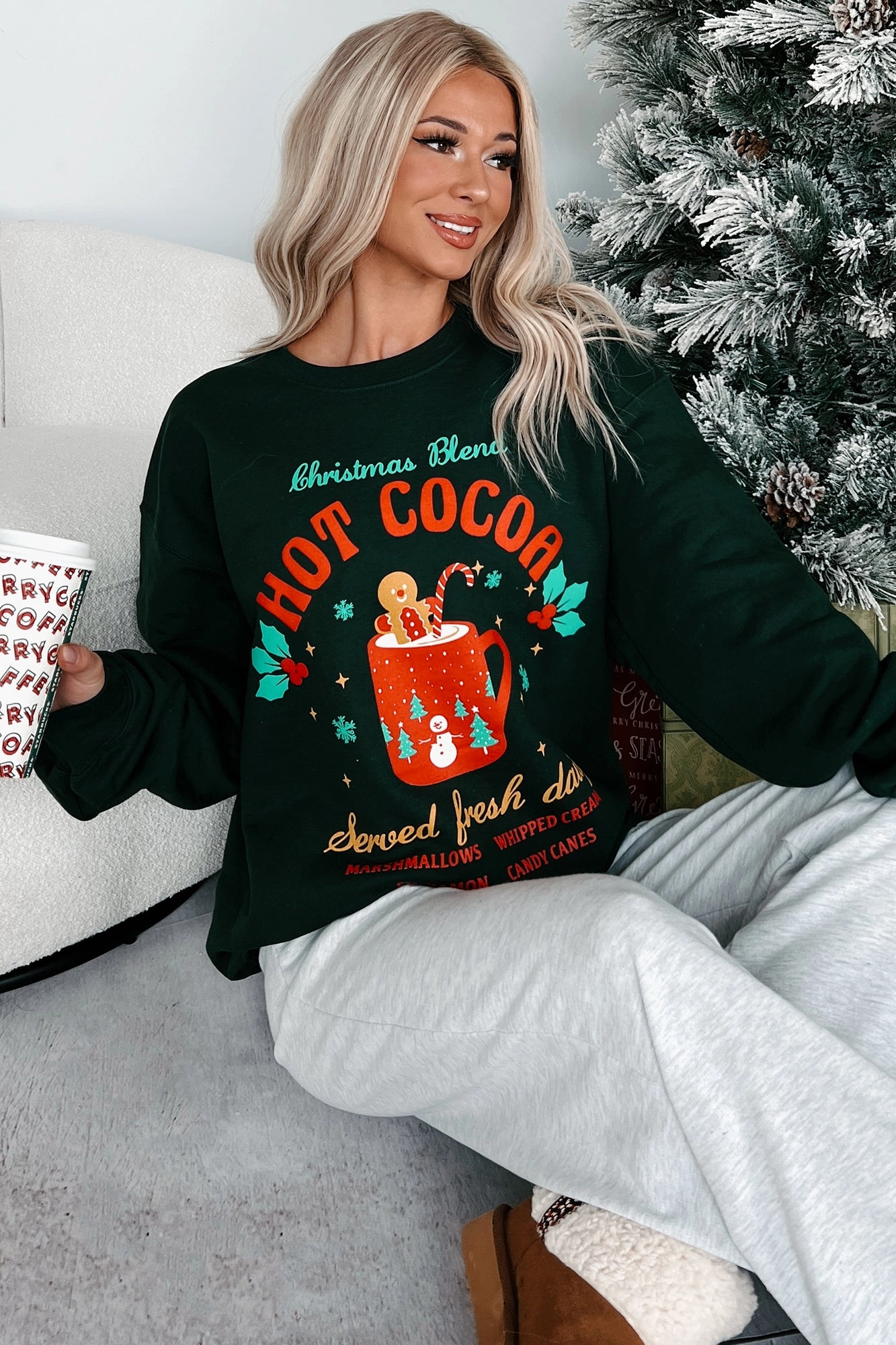FrictionResistant Edges Stretchable Waistband "Christmas Blend Hot Cocoa" Graphic Sweatshirt (Forest)
