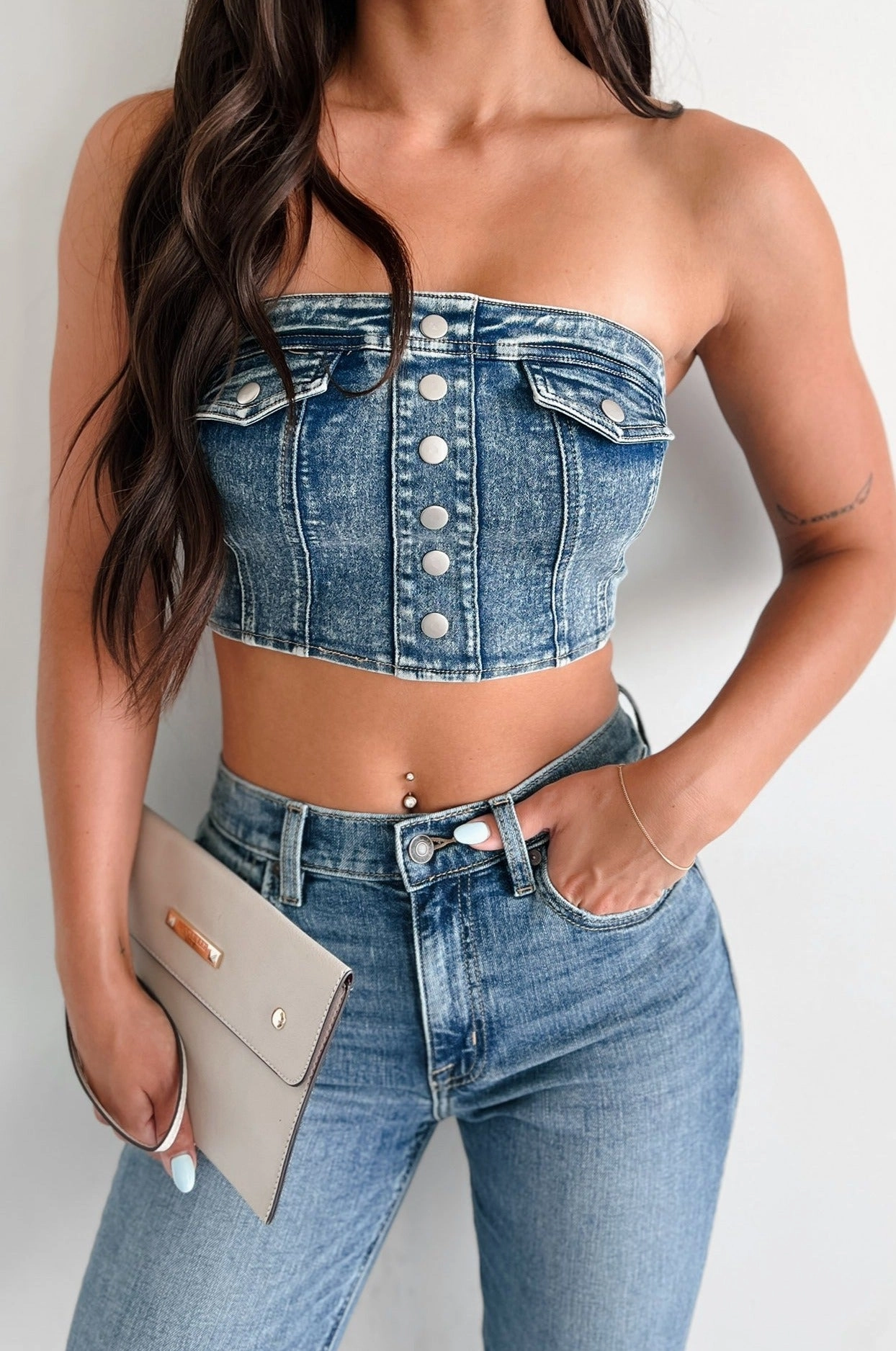 I'd Stare Too Strapless Denim Top (Medium Denim) Simple Shirt