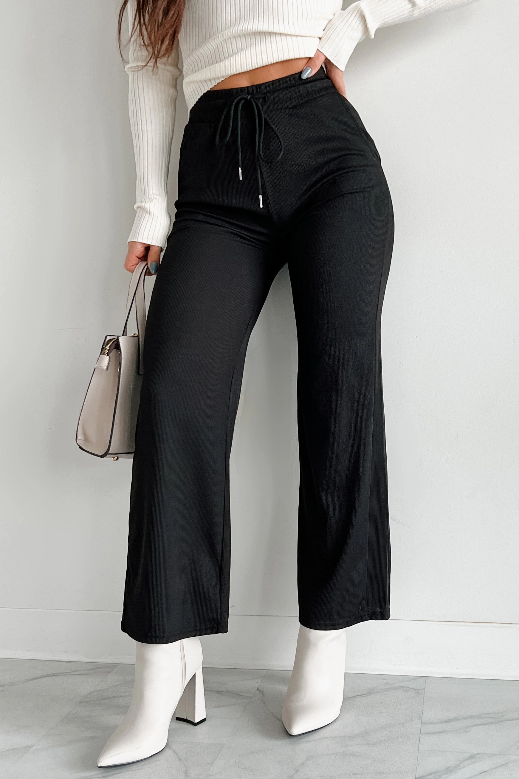 I'm Staying Put Wide Leg Drawstring Pants (Black) Performance Design Fit Fashion Staple