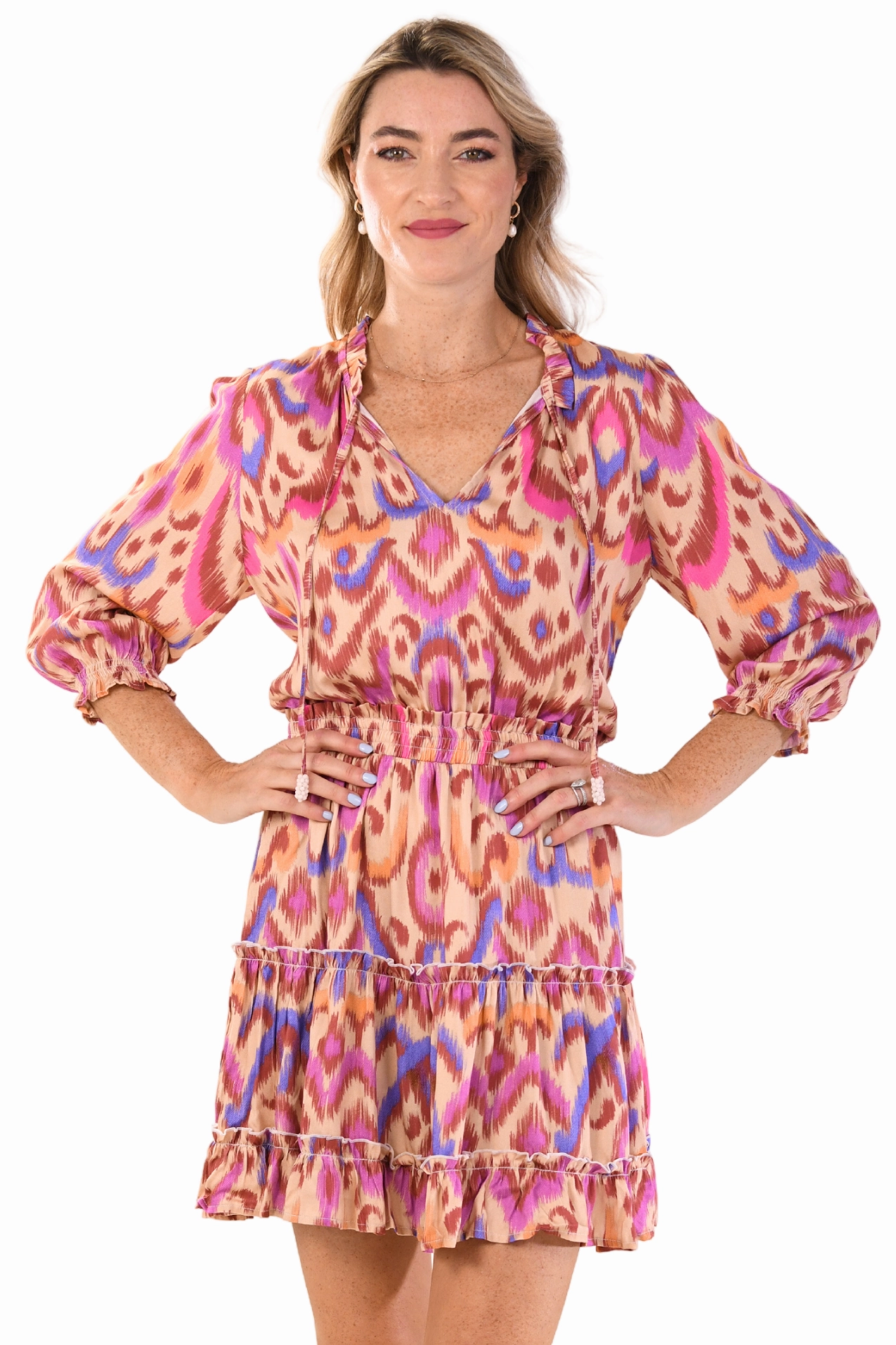 Ruched-Detail Airy Base Ibiza Dress / Purple Brown Ikat