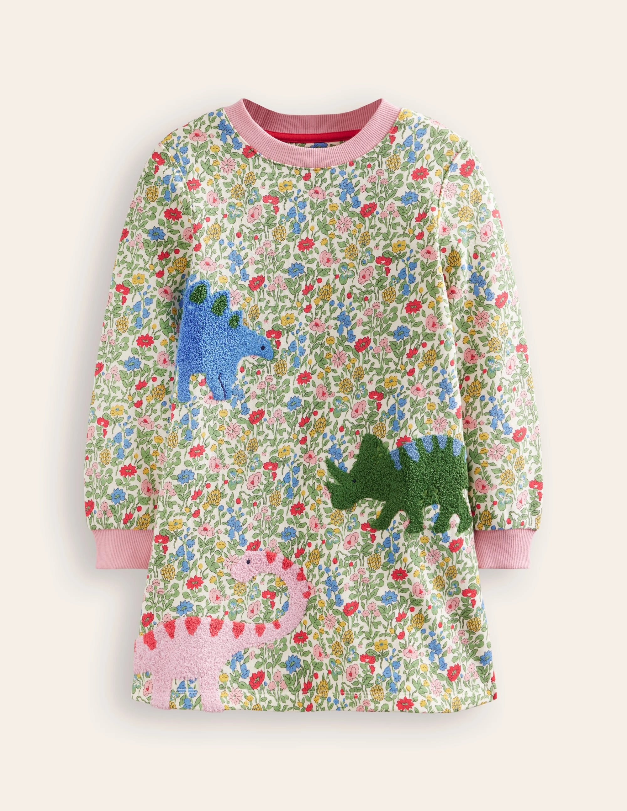 Contrast-Panel Spring Style Ida Sweatshirt Appliqu Dress-Multi Meadow Floral Dinosaurs