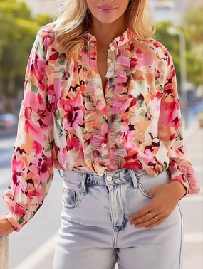 Flexible Waistband Idyllic Vibrant Floral Ruffle Blouse ??Romantic Boho Style