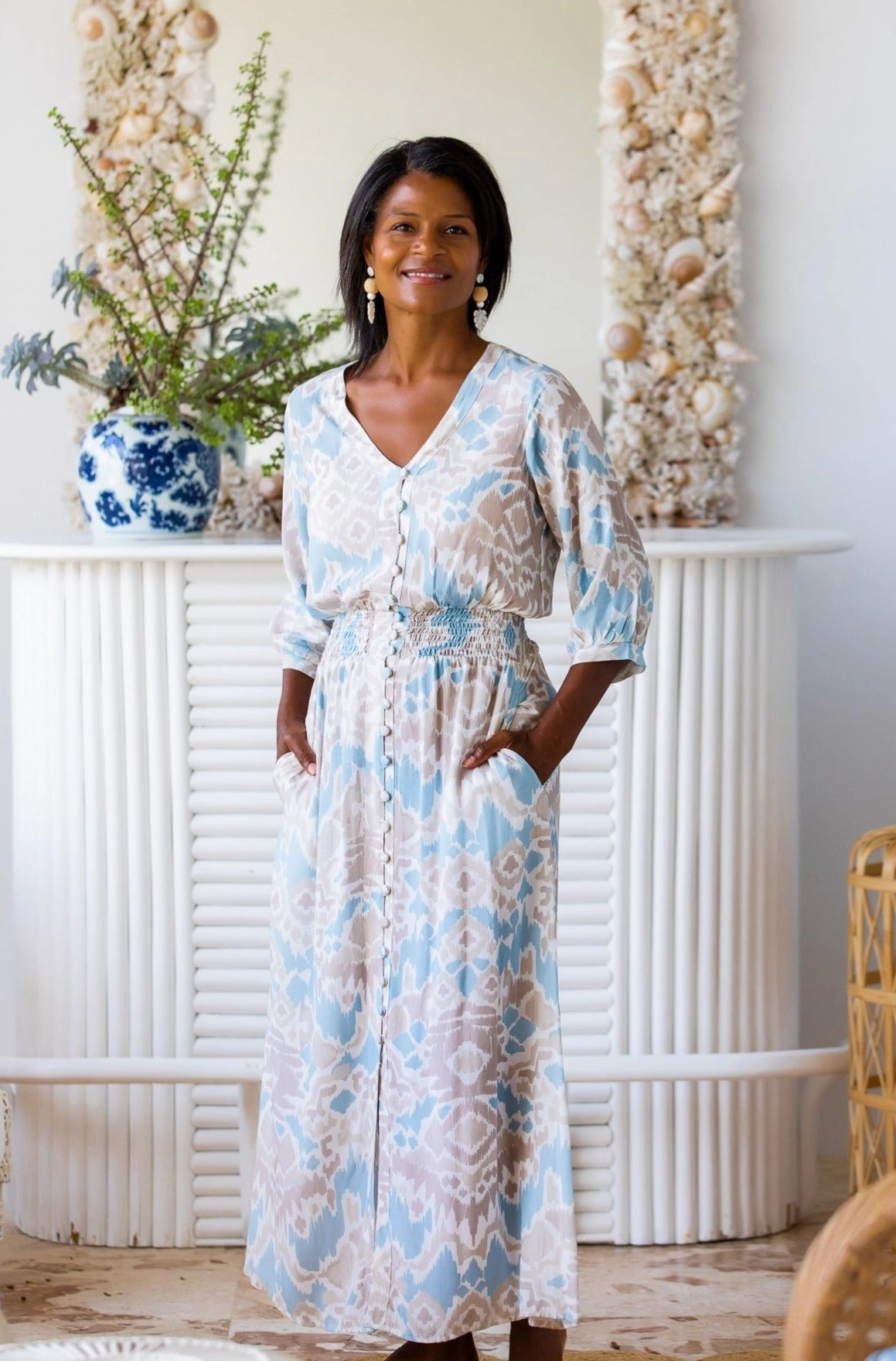 Structured Fit Kelsey Dress Long / Sand and Sea Ikat