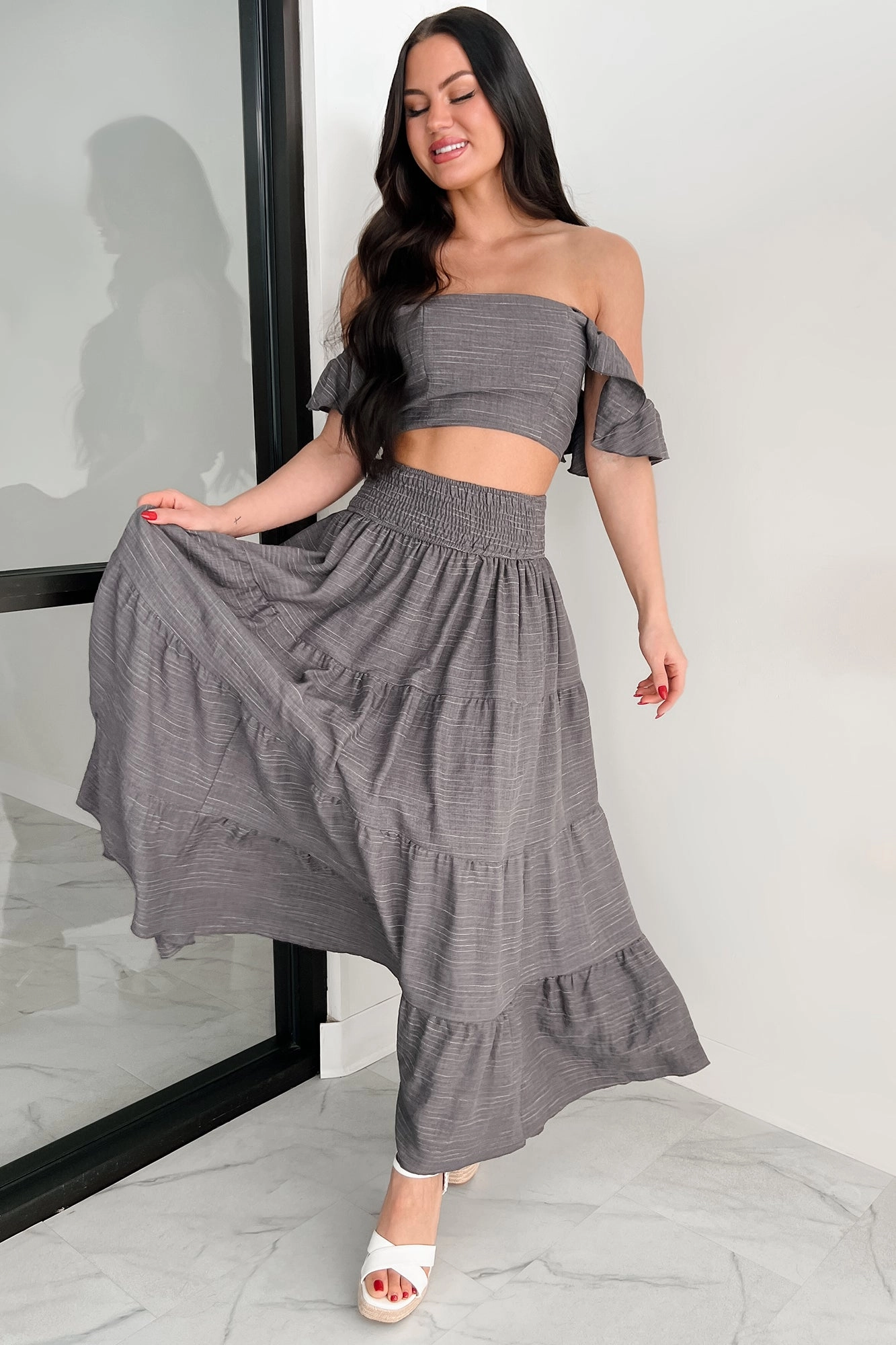 Cozy Edge garden party Laugh Till It Hurts Two Piece Ruffle Skirt Set (Charcoal)