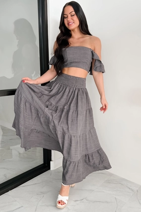 Laugh Till It Hurts Two Piece Ruffle Skirt Set (Charcoal) LayeringFriendly Weight