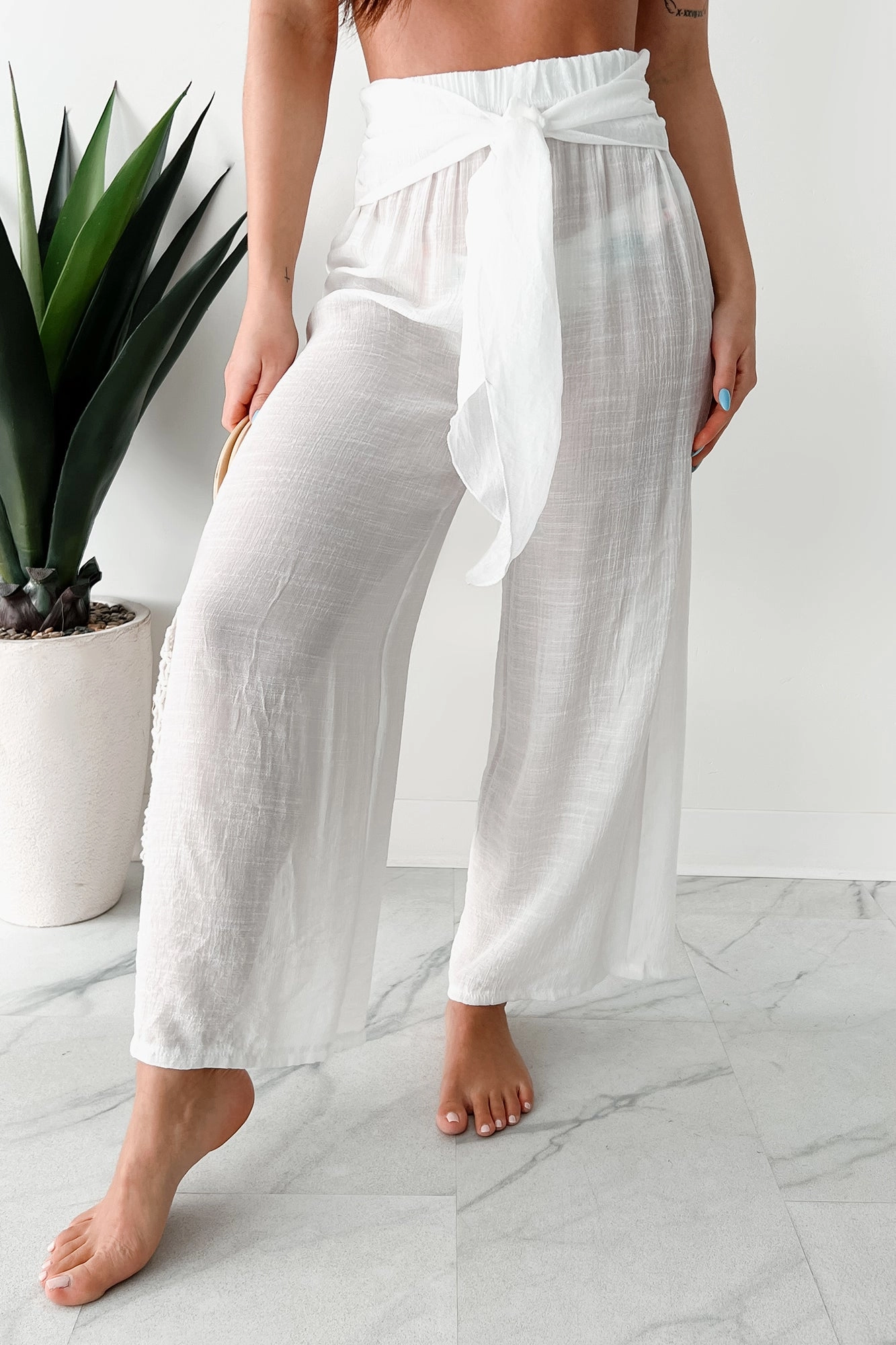 In Full Swing Wide Leg Linen Pants (White) Easy Stretch Comfort Base