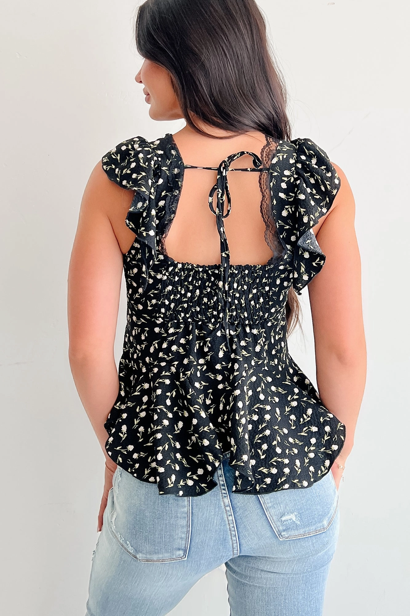 In The Middle Floral Peplum Lace Trim Top (Black) HighDensity Weave Multipanel Construction