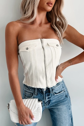 In Too Deep Zip-Front Denim Tube Top (Cream) RollUpCuff