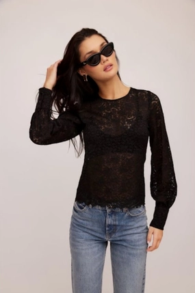 Ina Stretch Lace Top Black Double Needle Stitching