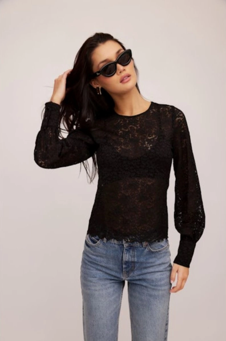 Ina Stretch Lace Top Black Double Needle Stitching