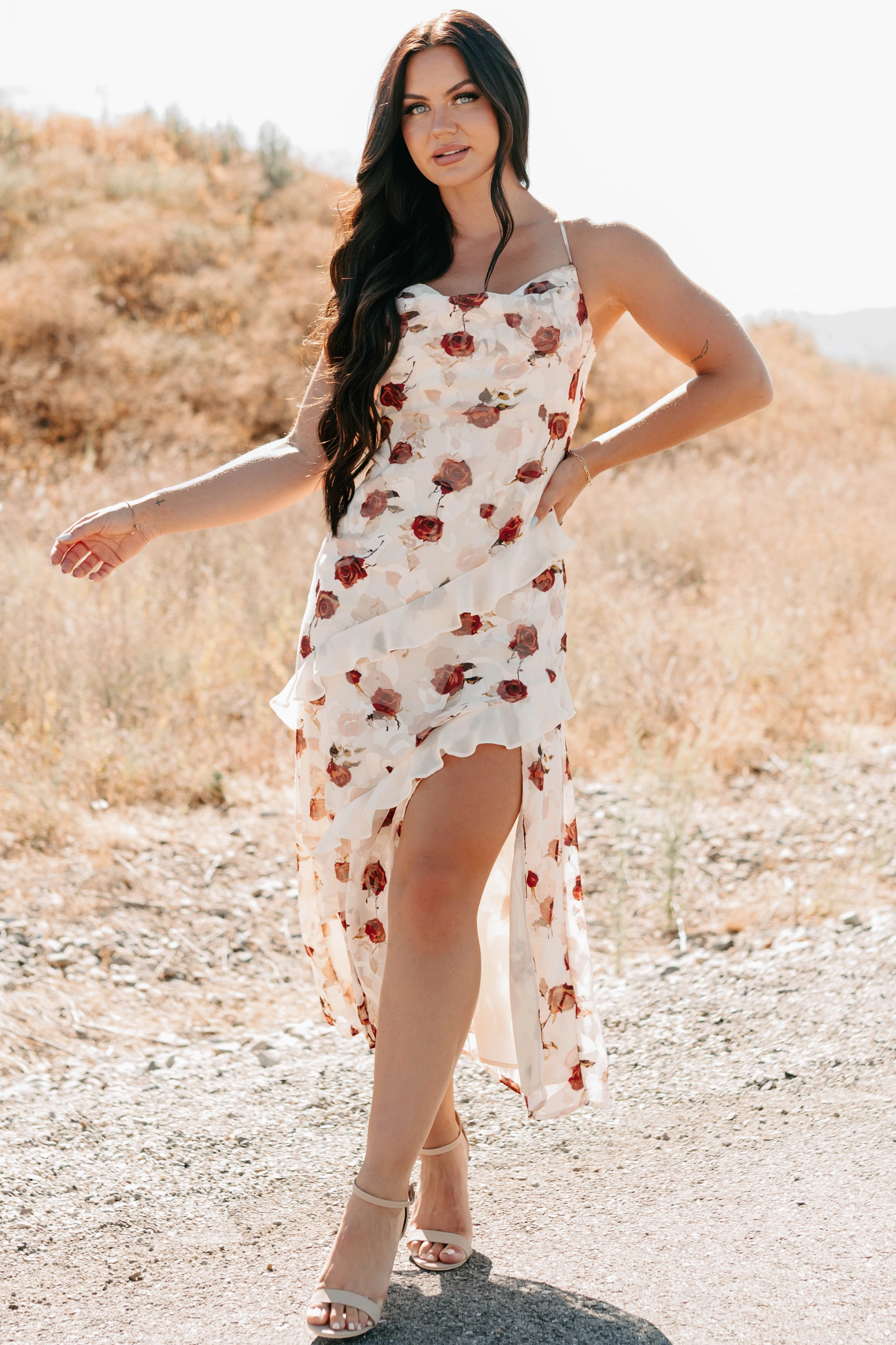 Cool Layers Season Ready Inner Goddess Sleeveless Floral Midi Dress (Cream)