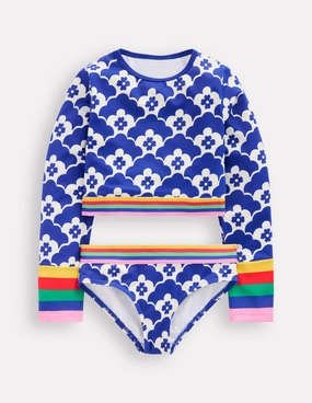 UV Resistant Coating Saltwater Resistant Design Cropped Rash Vest Set-Orion Blue Geo Flower