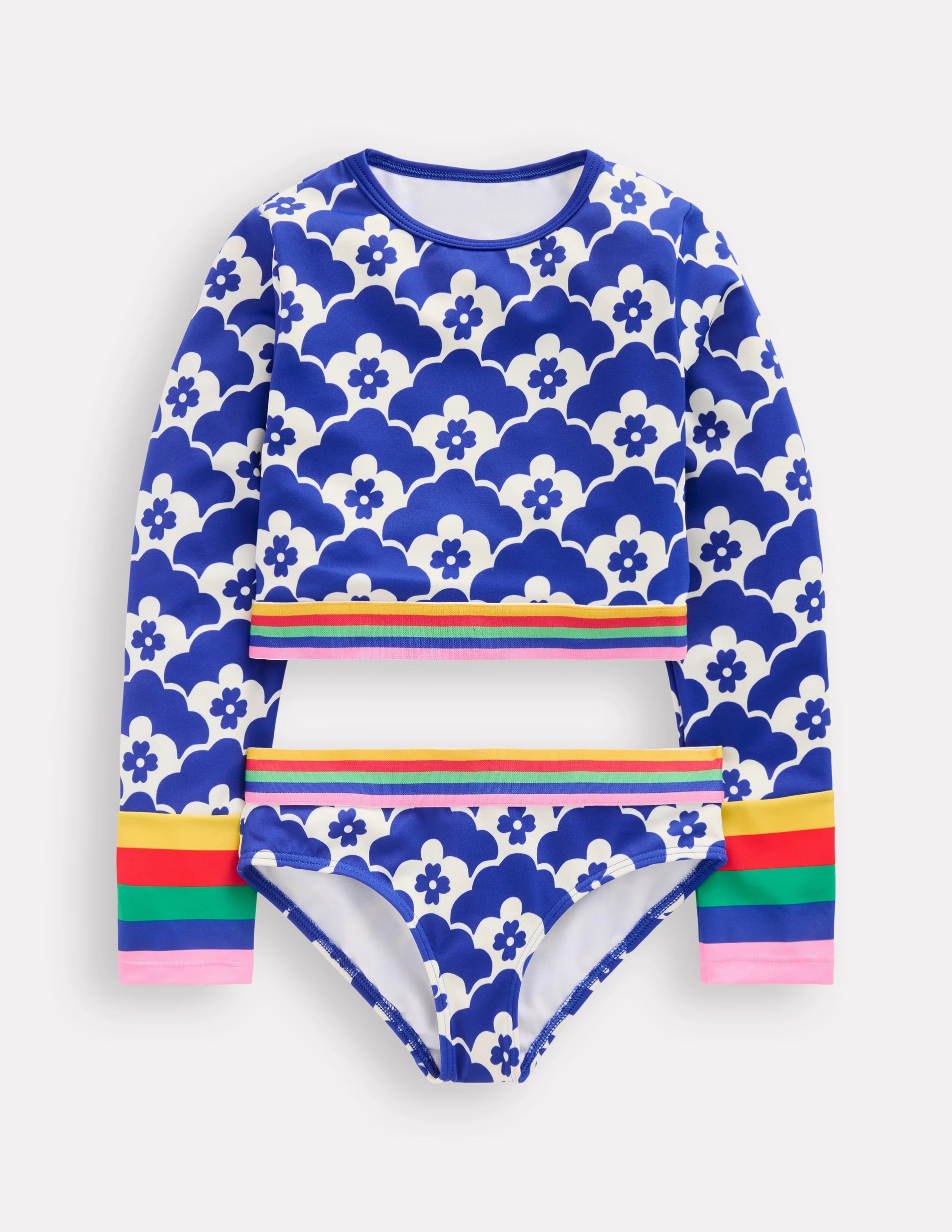 Front-Knot Low Profile Lining Cropped Rash Vest Set-Orion Blue Geo Flower