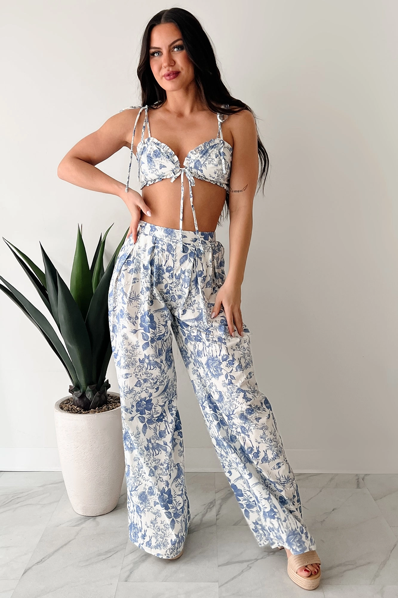 Vive La Vie Printed Crop Top & Pant Set (Blue) Casual Edge Bold Design
