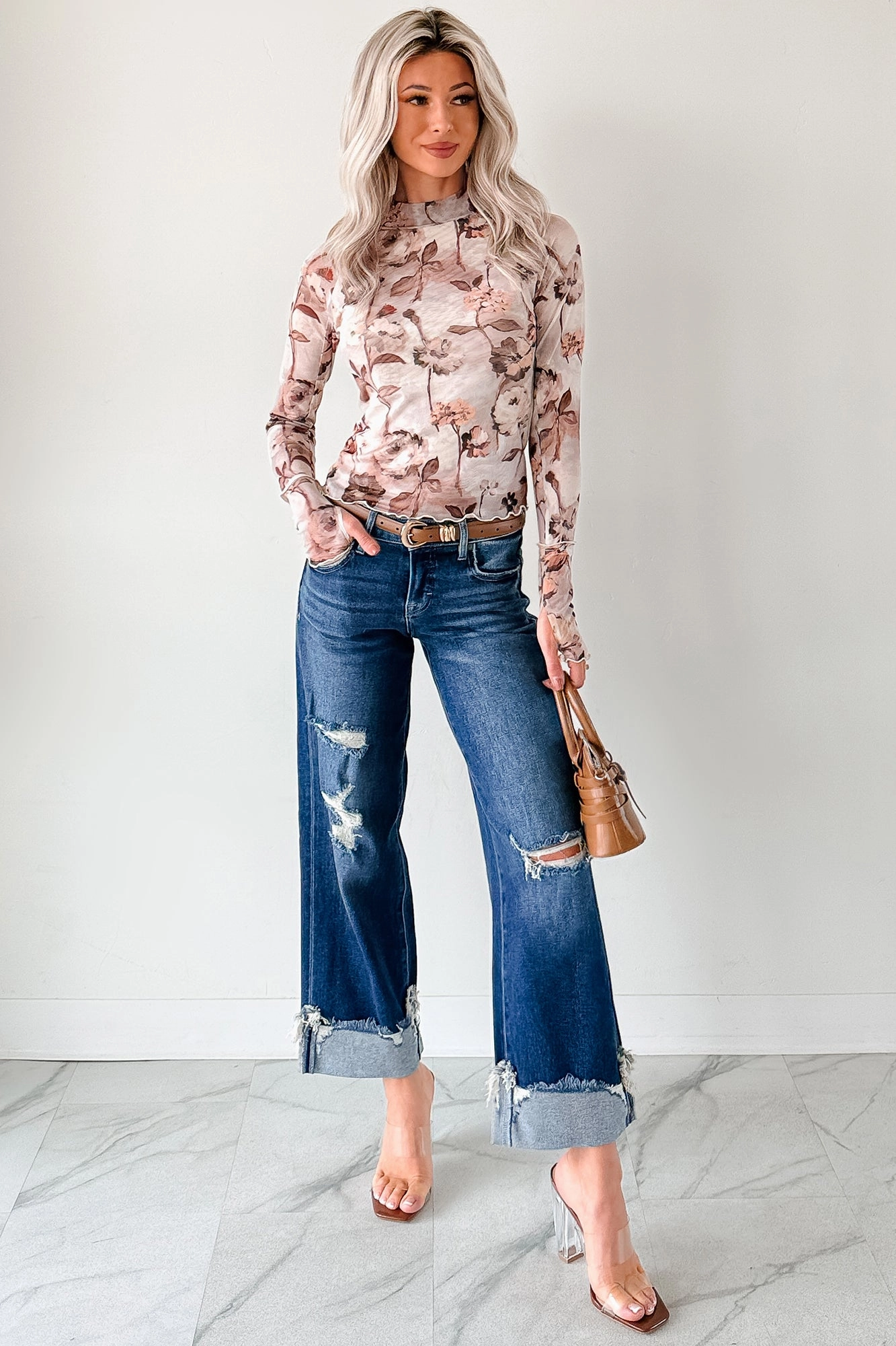 Ivan Distressed Cuffed Hidden Dad Jeans (Medium Dark) HighWaistSupport