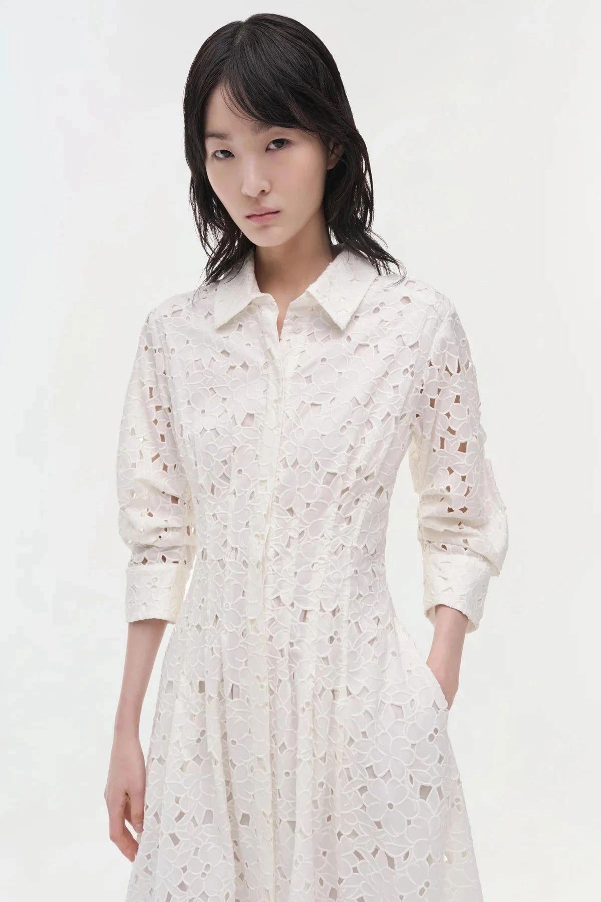 Youth Charm Jazz Embroidered Pintuck Midi Dress White