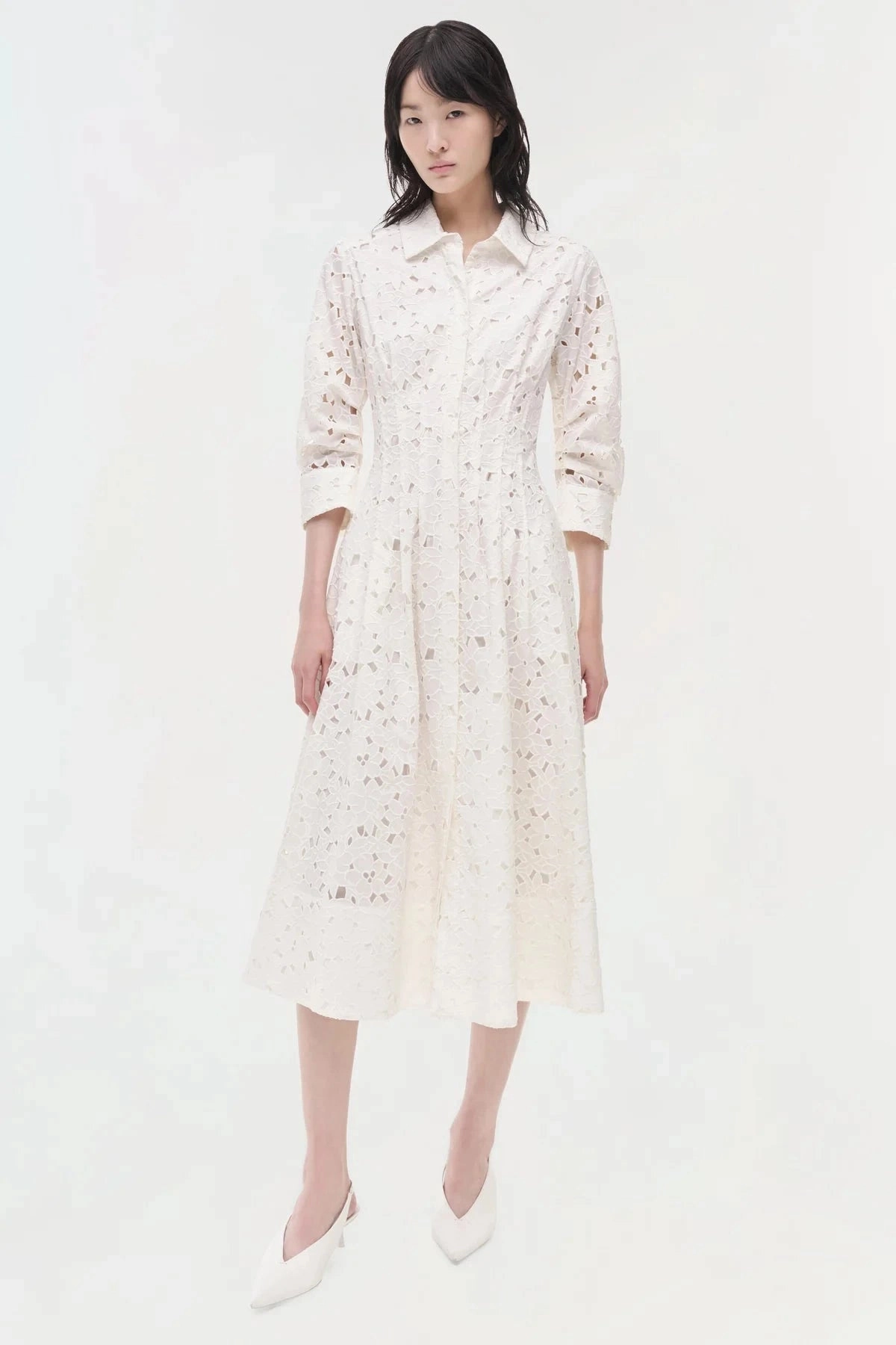 Jazz Embroidered Pintuck Midi Dress White effortless grace Tailored Style