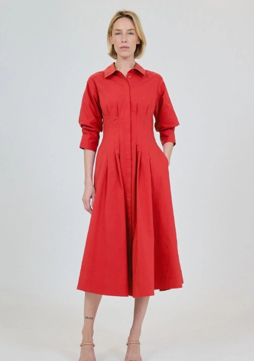 Elegant Fit Chic and Cozy Wear Jazz Pintuck Midi Dress Crimson