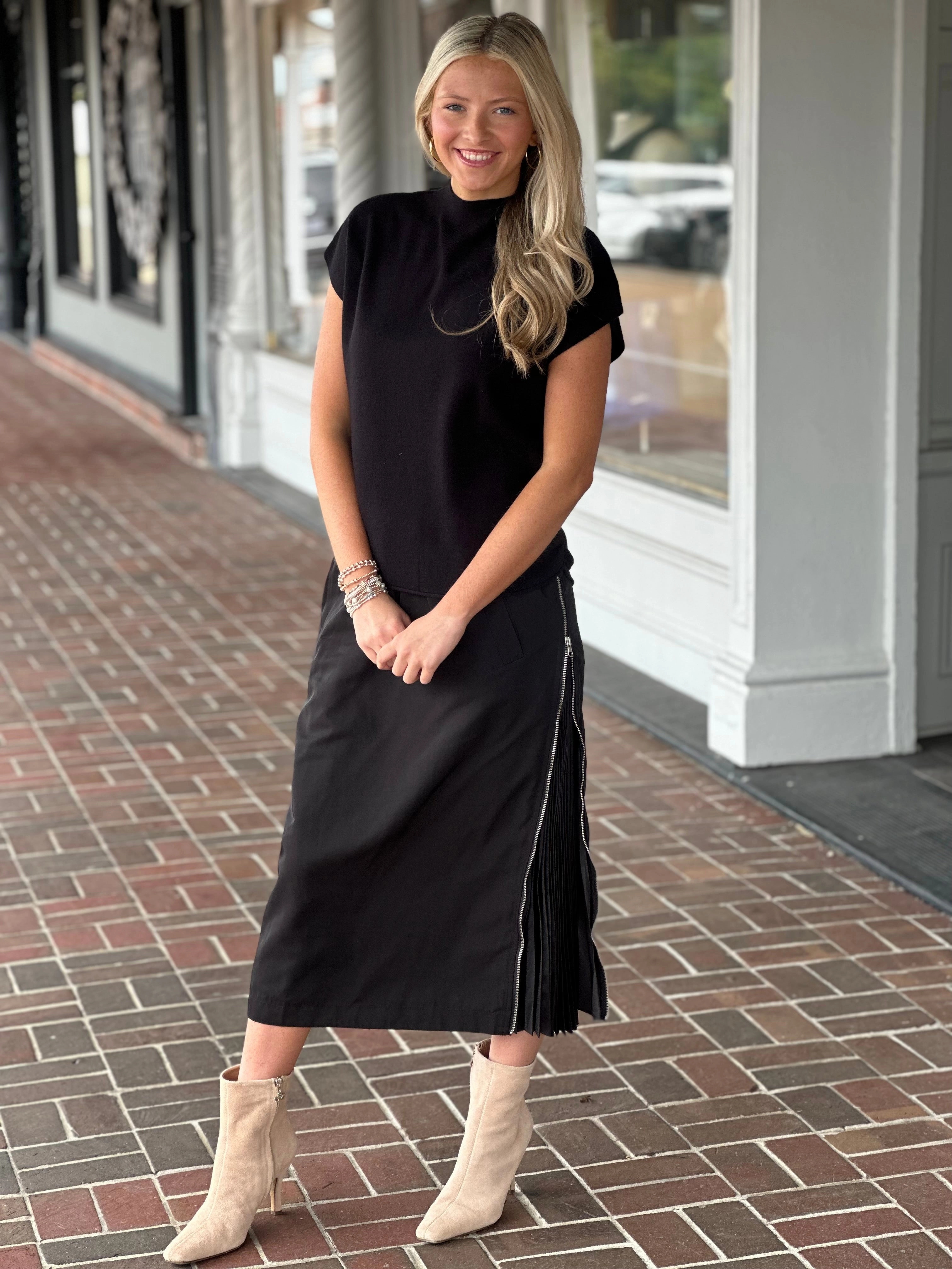 Wrap Front Jelani Pleated Zipper Sides Skirt in Black