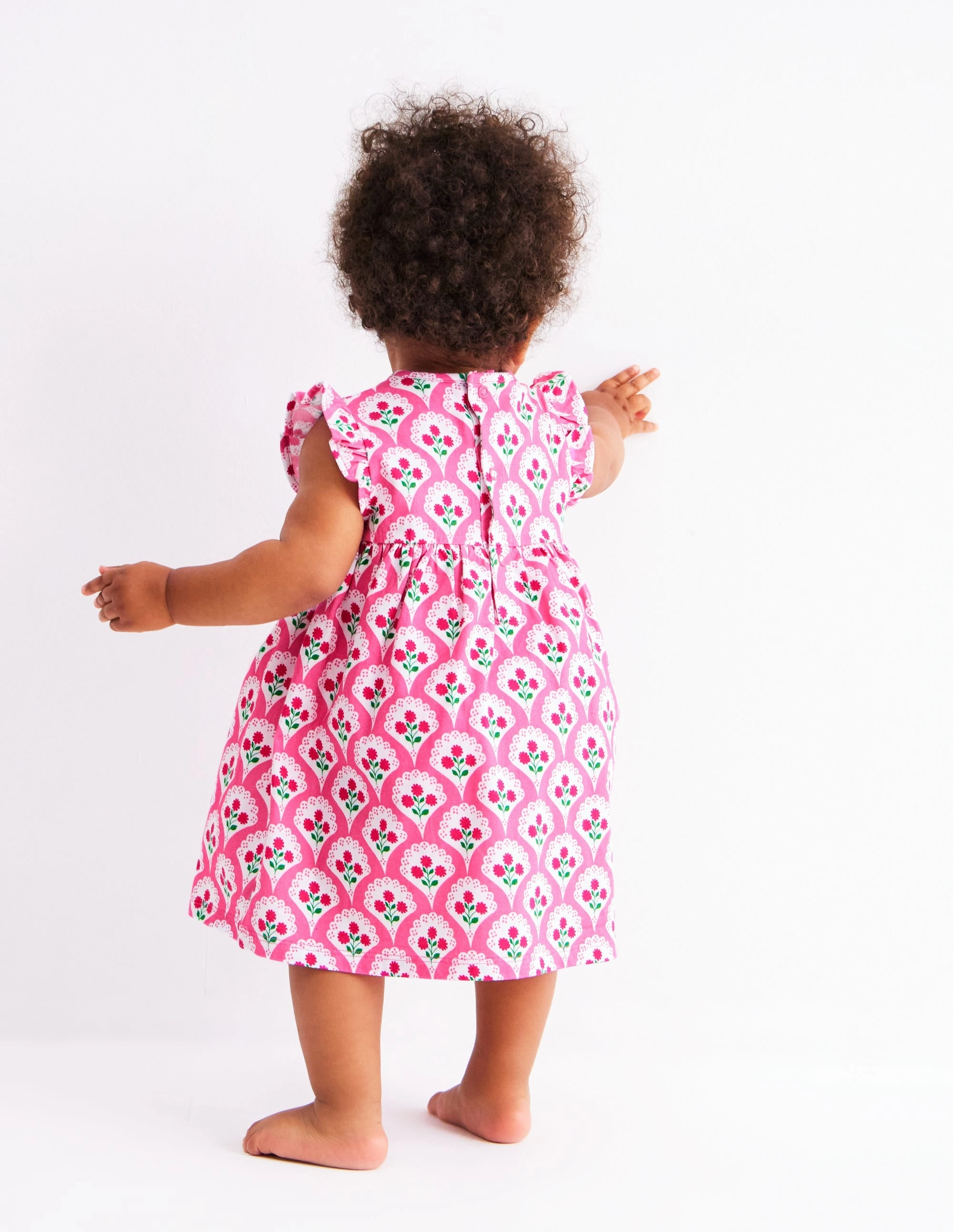 Air Touch Open Back Jersey Frill Sleeve Dress-Pink Rose Woodblock Floral