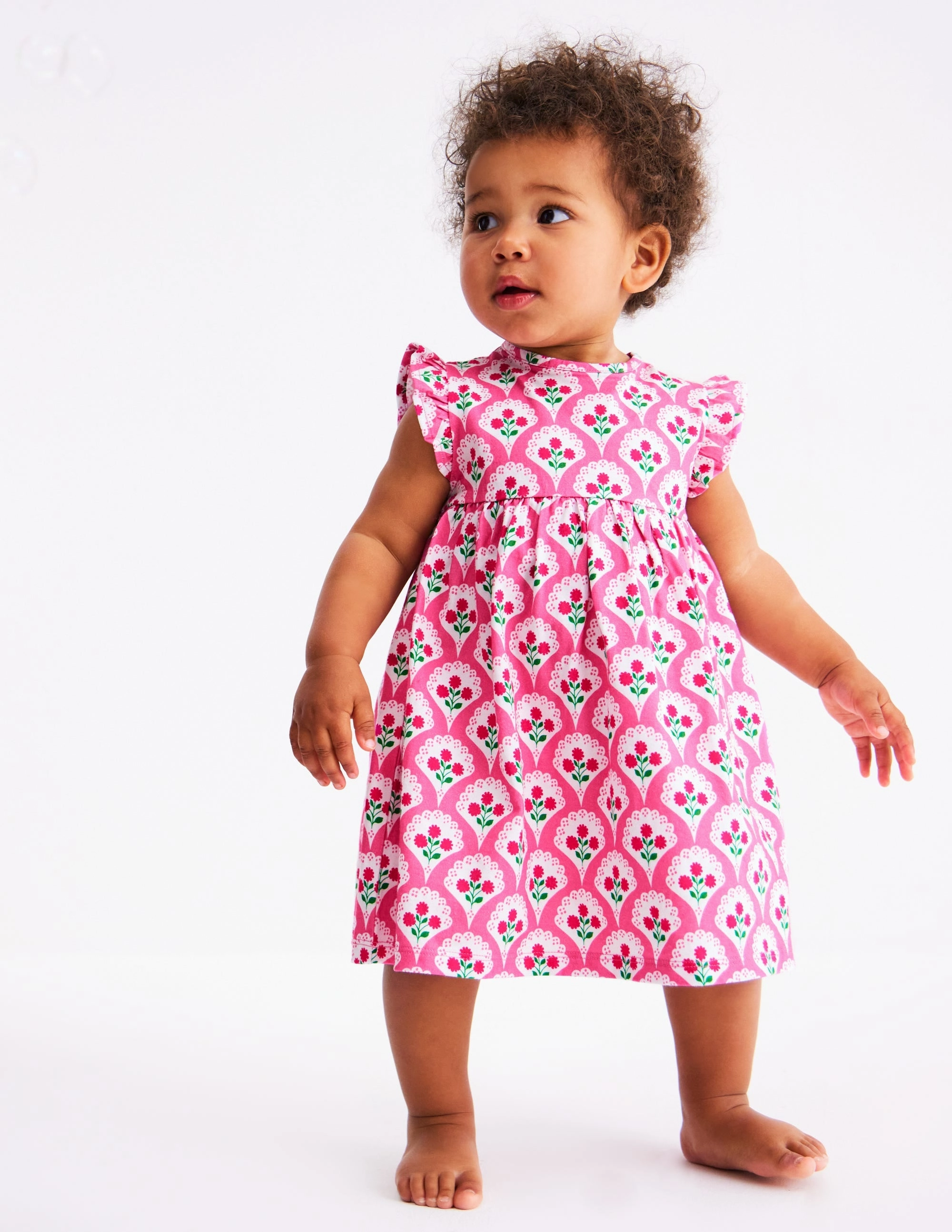 Jersey Frill Sleeve Dress-Pink Rose Woodblock Floral Subtle-Print Golden Scene