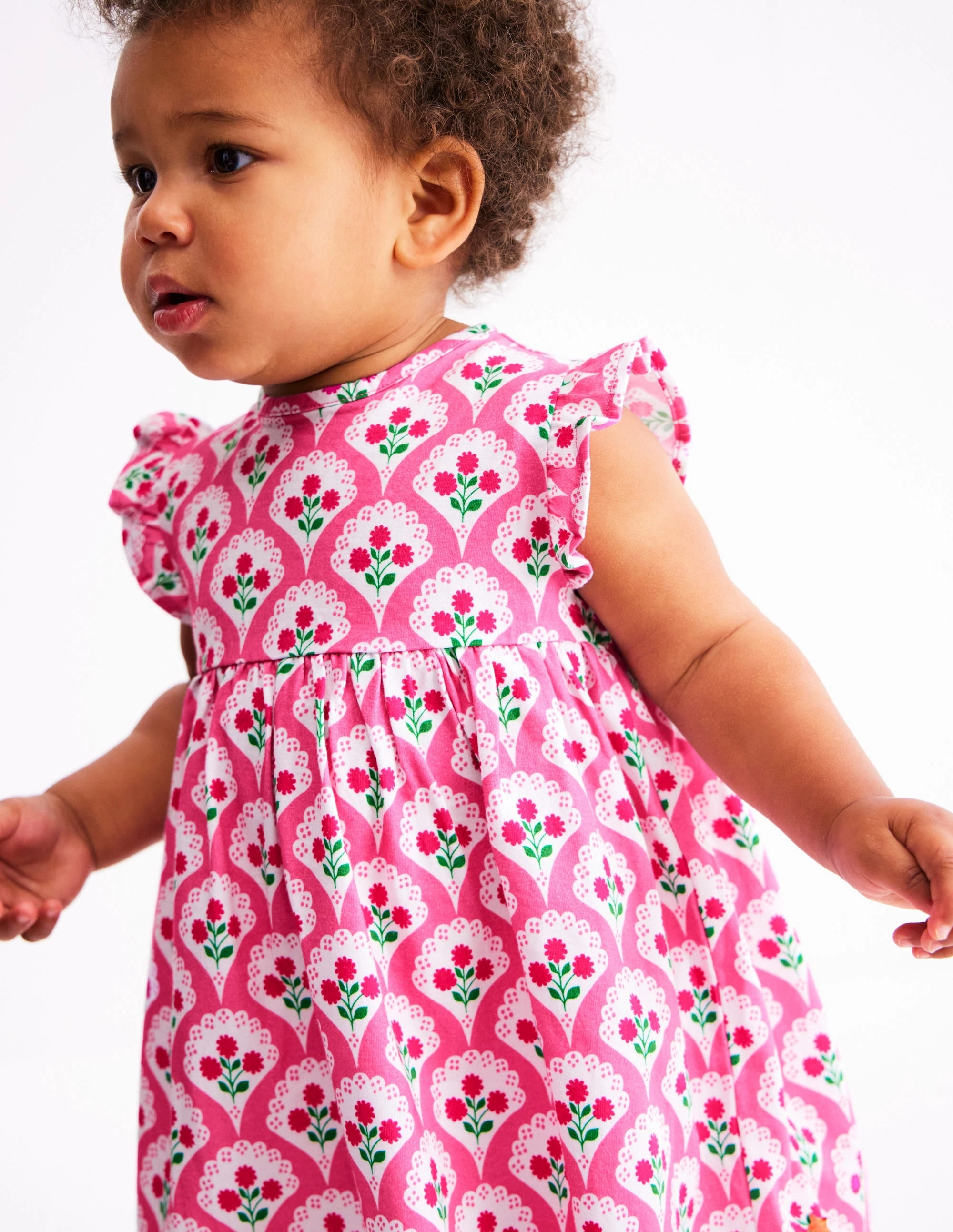 Dreamy Simplicity Jersey Frill Sleeve Dress-Pink Rose Woodblock Floral