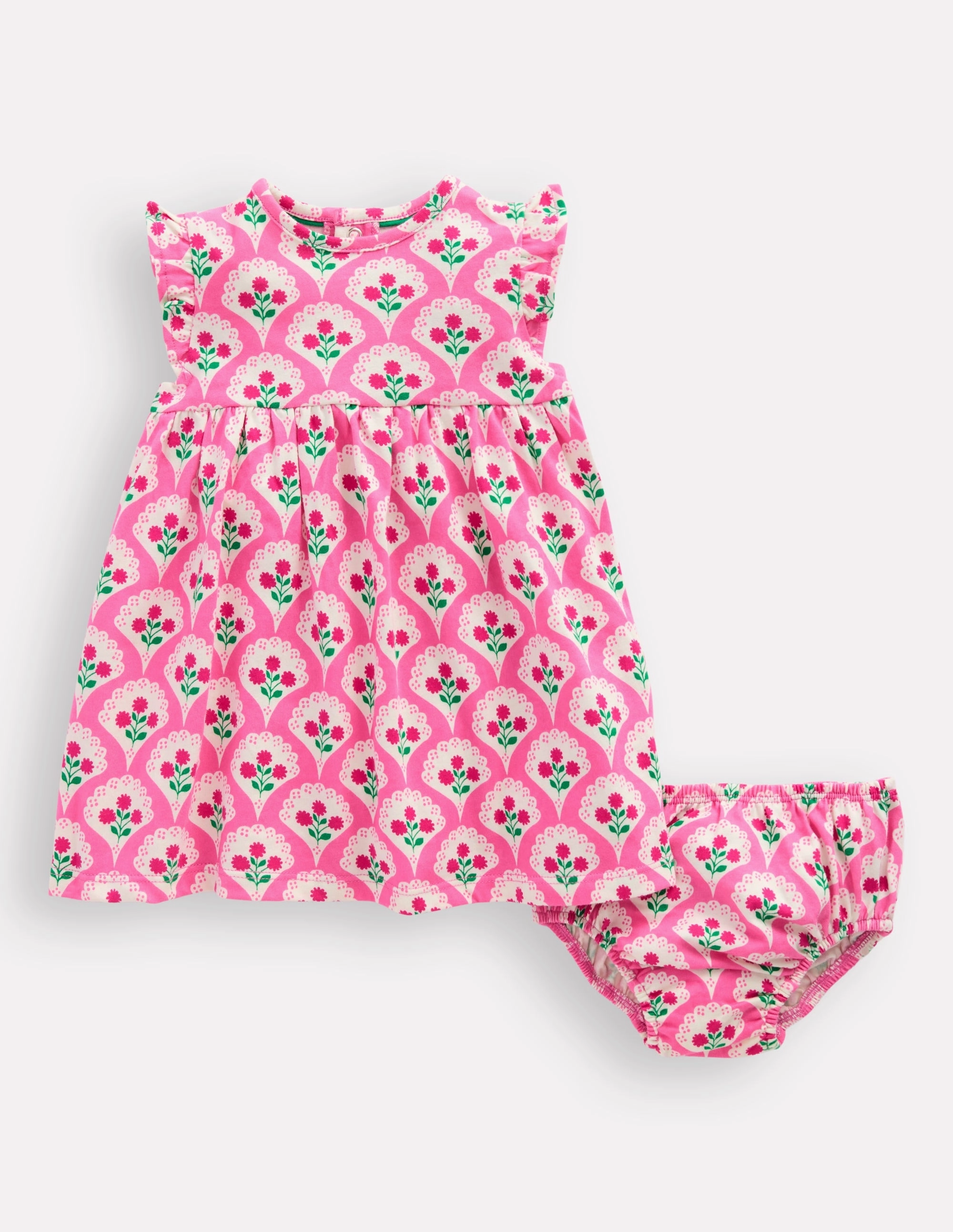 Jersey Frill Sleeve Dress-Pink Rose Woodblock Floral Playful and flirty dress Elastic-Cuff