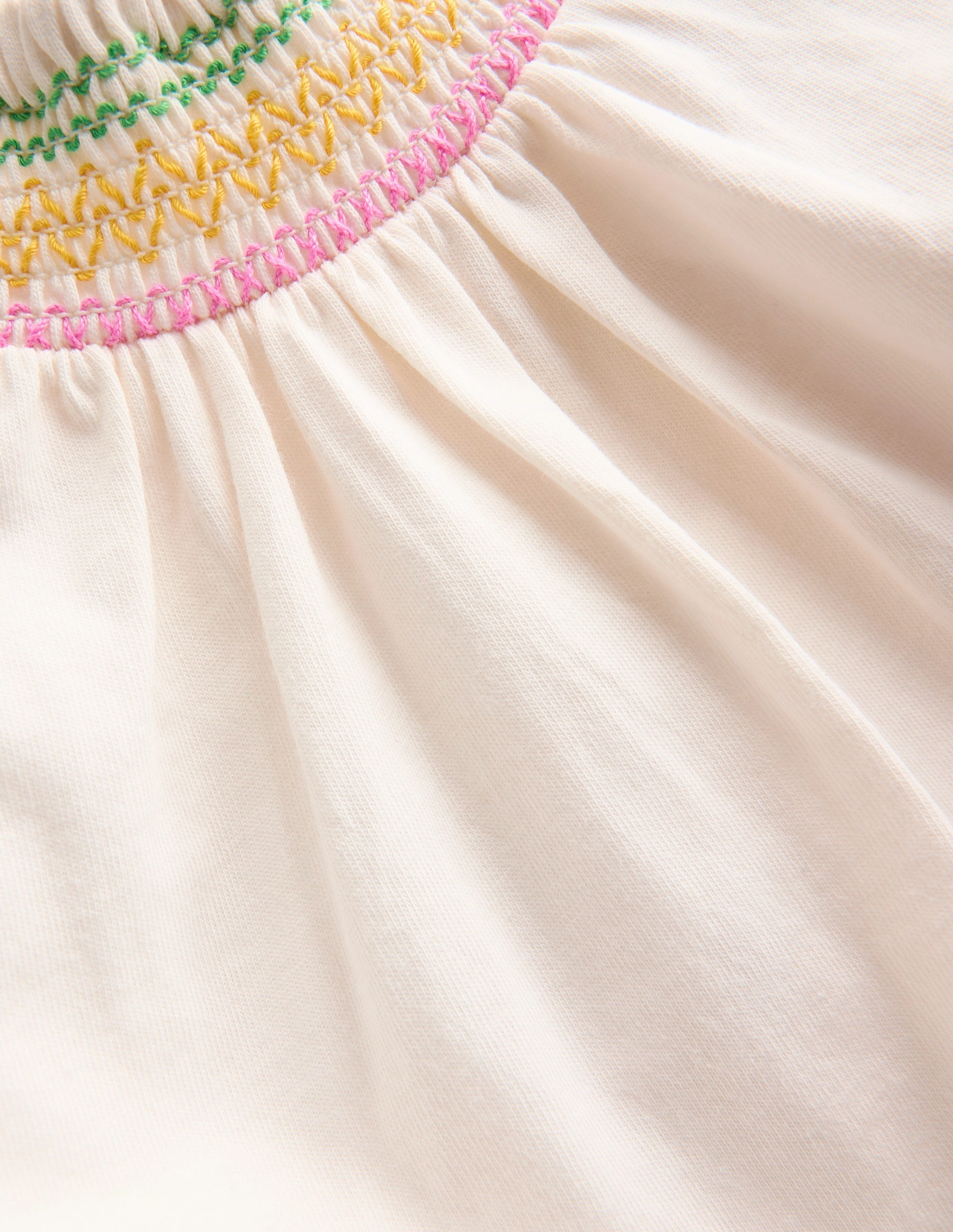 Jersey Smocked Top-Soft Ivory Snag Resistant Surface