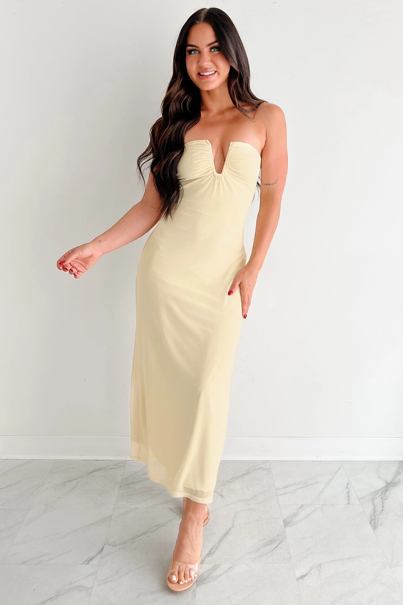 Just A Fling Strapless Mesh Maxi Dress (Light Yellow) Sophisticated Look