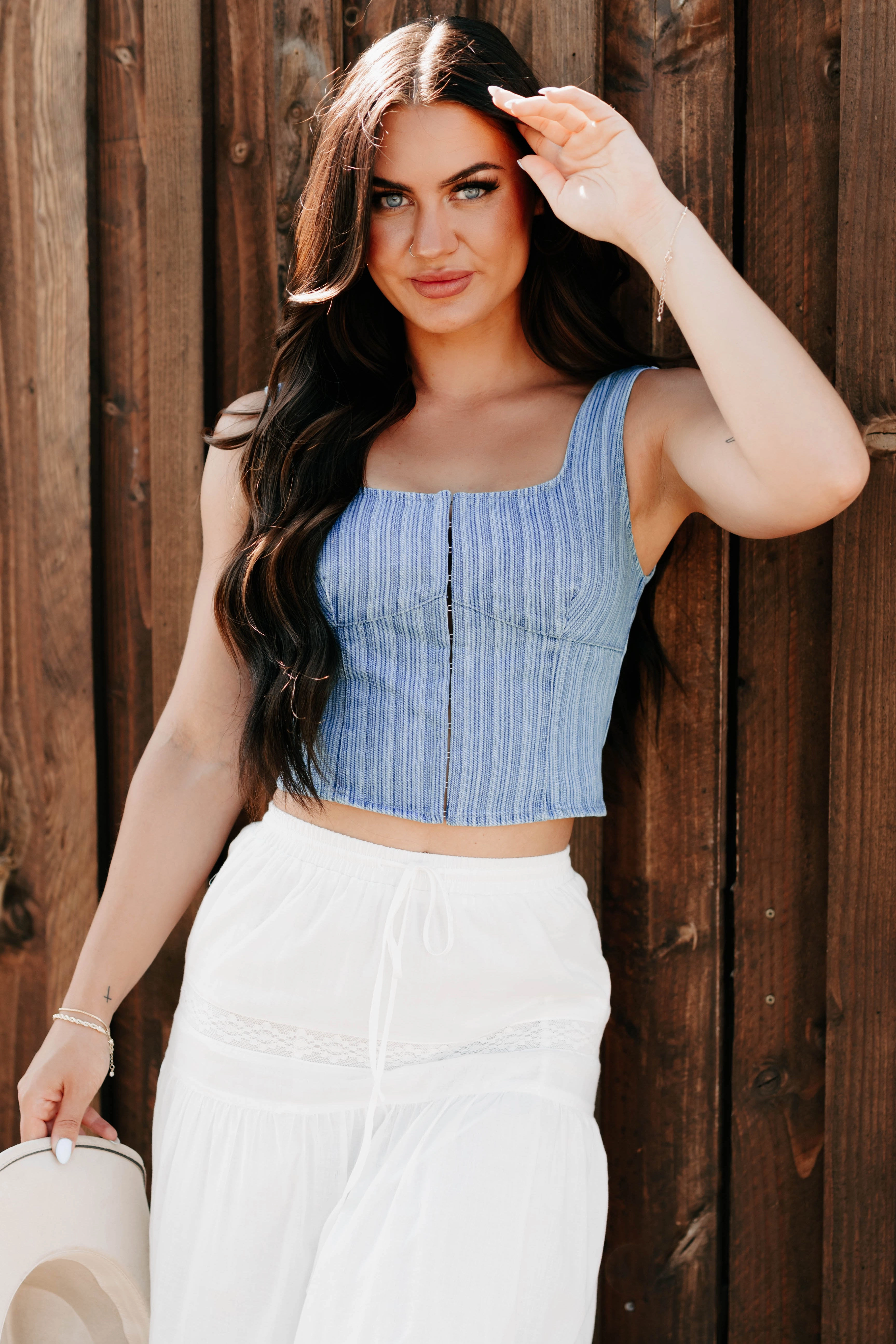 Just Killing Time Striped Denim Corset Top (Denim) SlubTexture WideNeckline