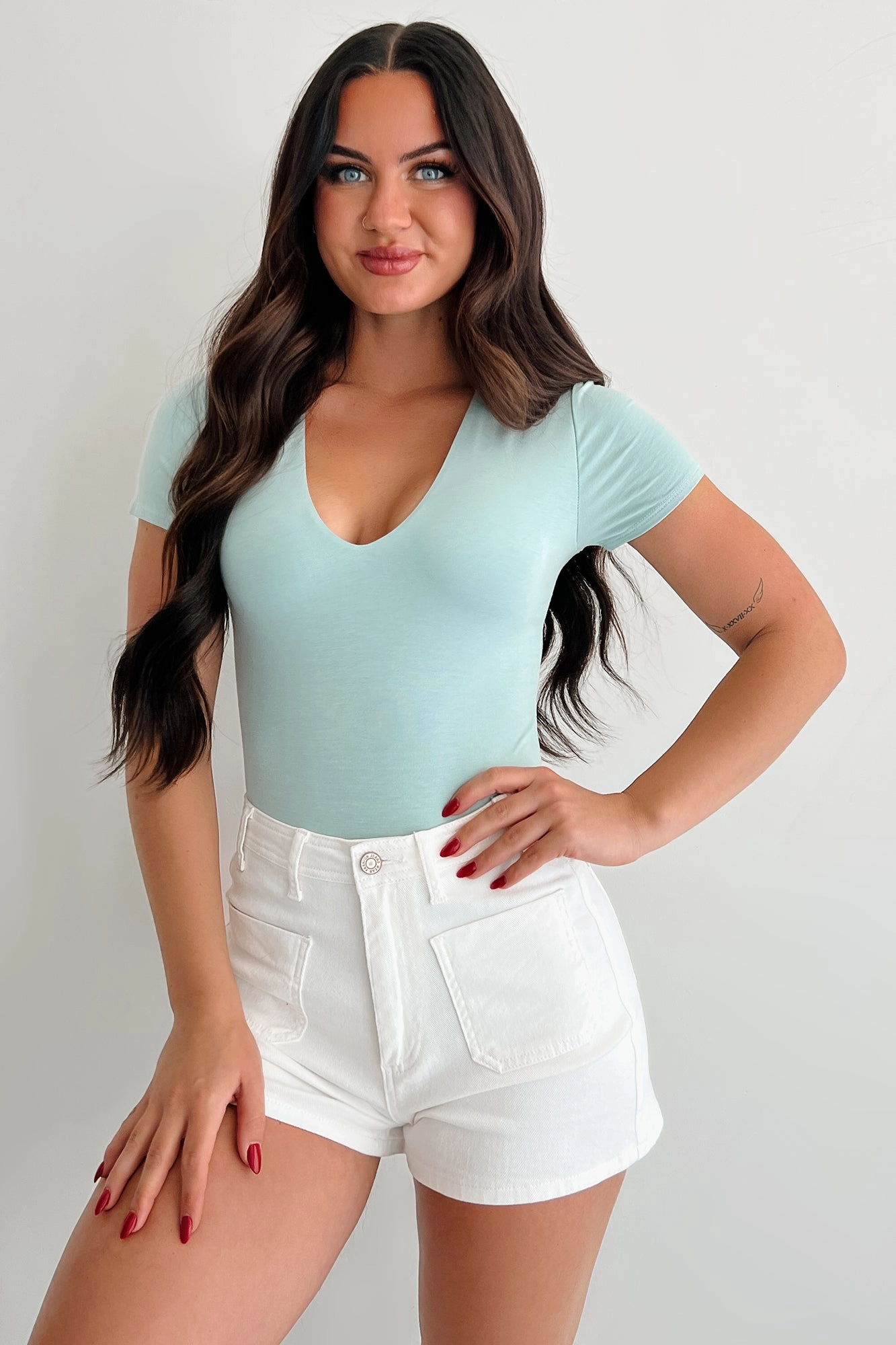 Curved Hem HeatPressedLogos Just Like That V Neck Short Sleeve Bodysuit (Seafoam)