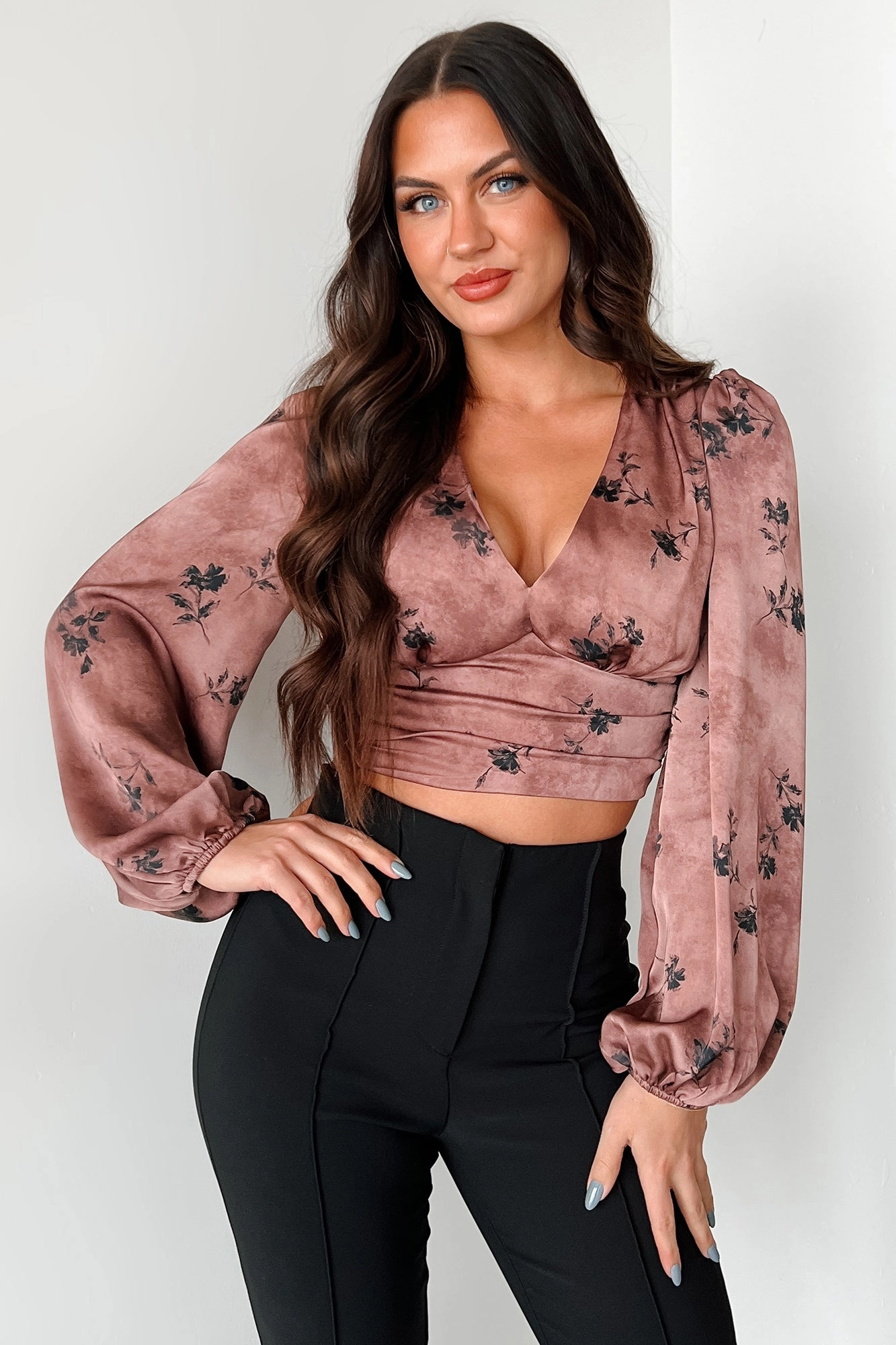 Just Say When Satin Floral Long Sleeve Top (Brown) StretchFabric
