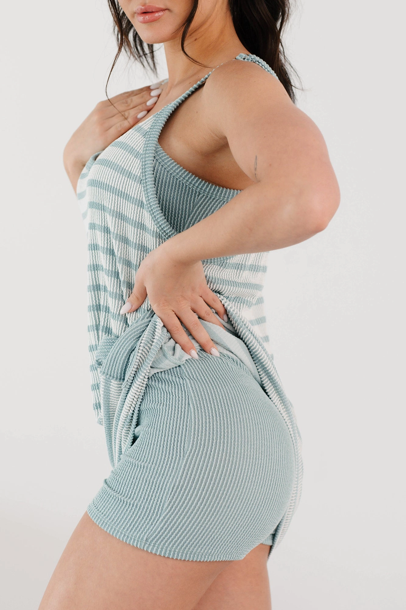 Keep It Moving Sleeveless Striped Romper Dress (Sea Grass) Timeless Style