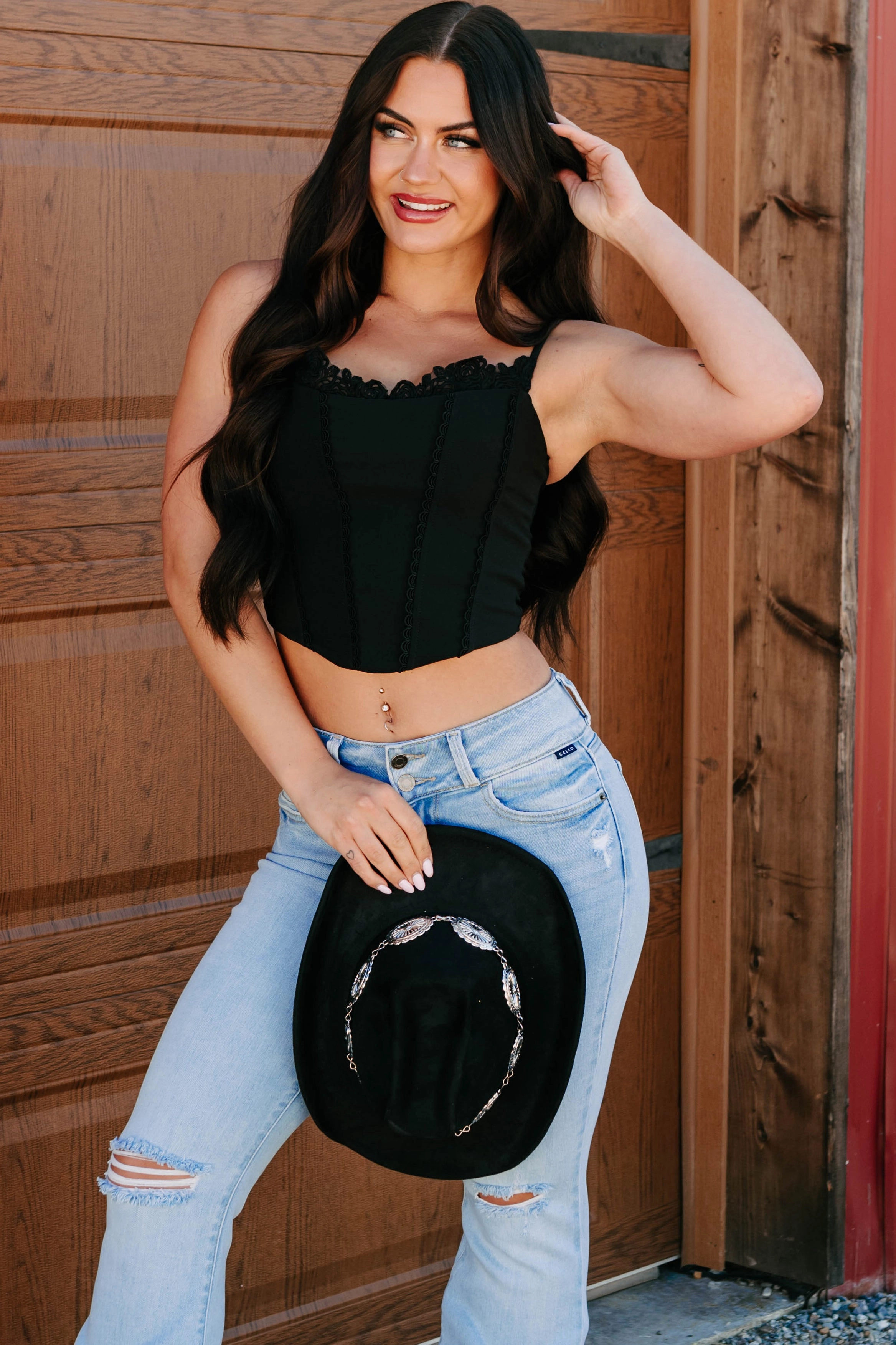 Hidden Zipper Closure Seamless construction Keep The Spark Lace Trim Corset Top (Black)