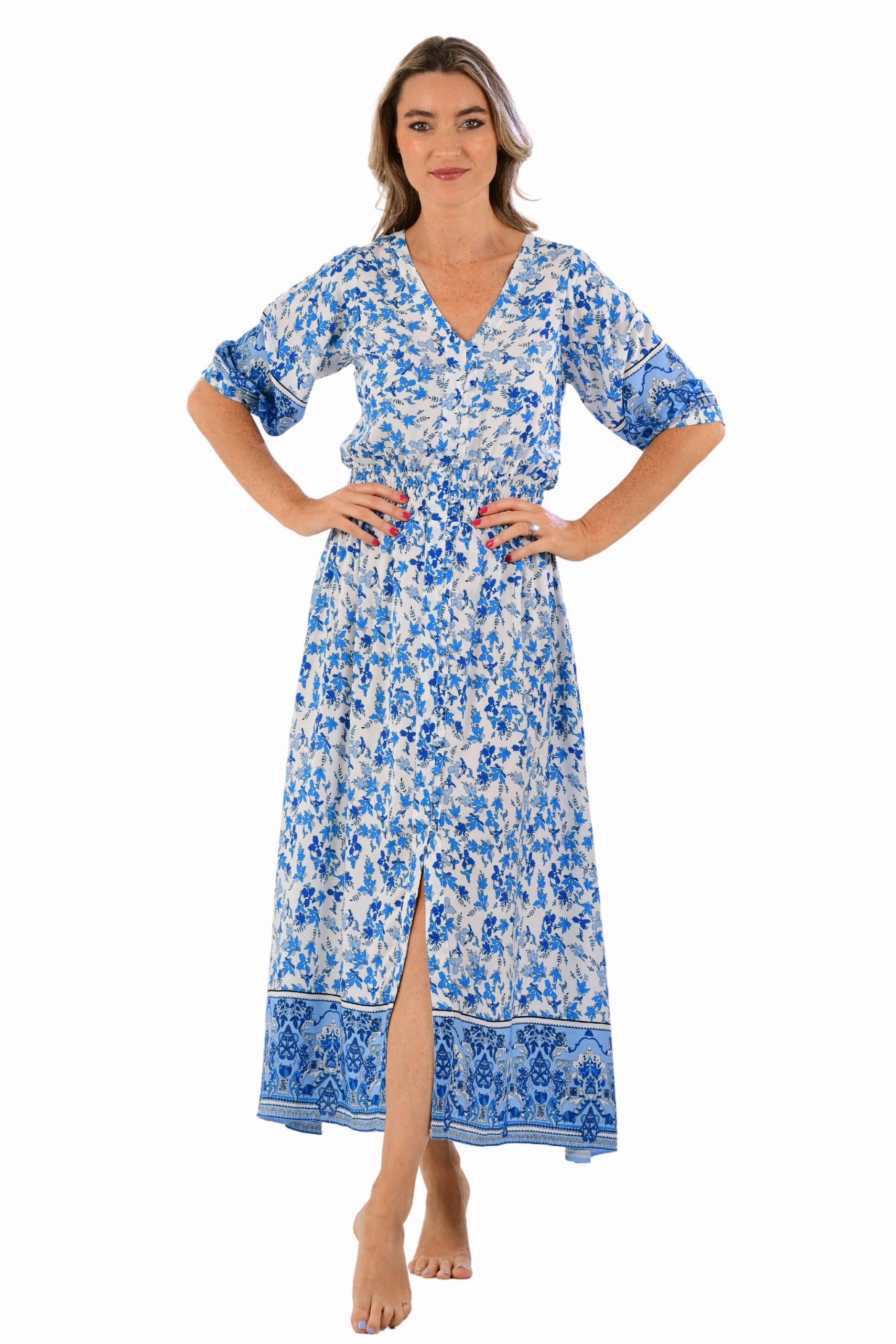 Kelsey Dress Long / Cobalt Floral Sleek Outline Sister Charm