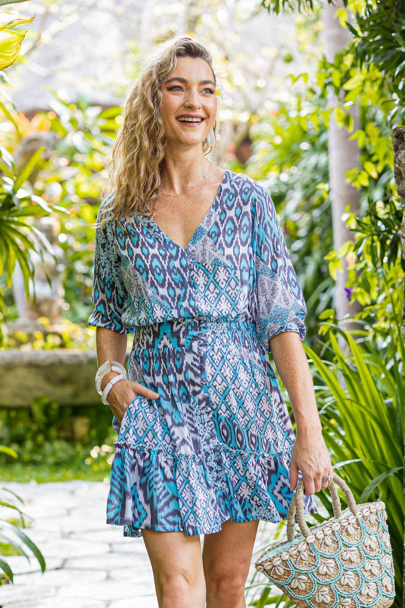 Kelsey Dress Short / Turquoise Brown Ikat Classic Grace High low hem