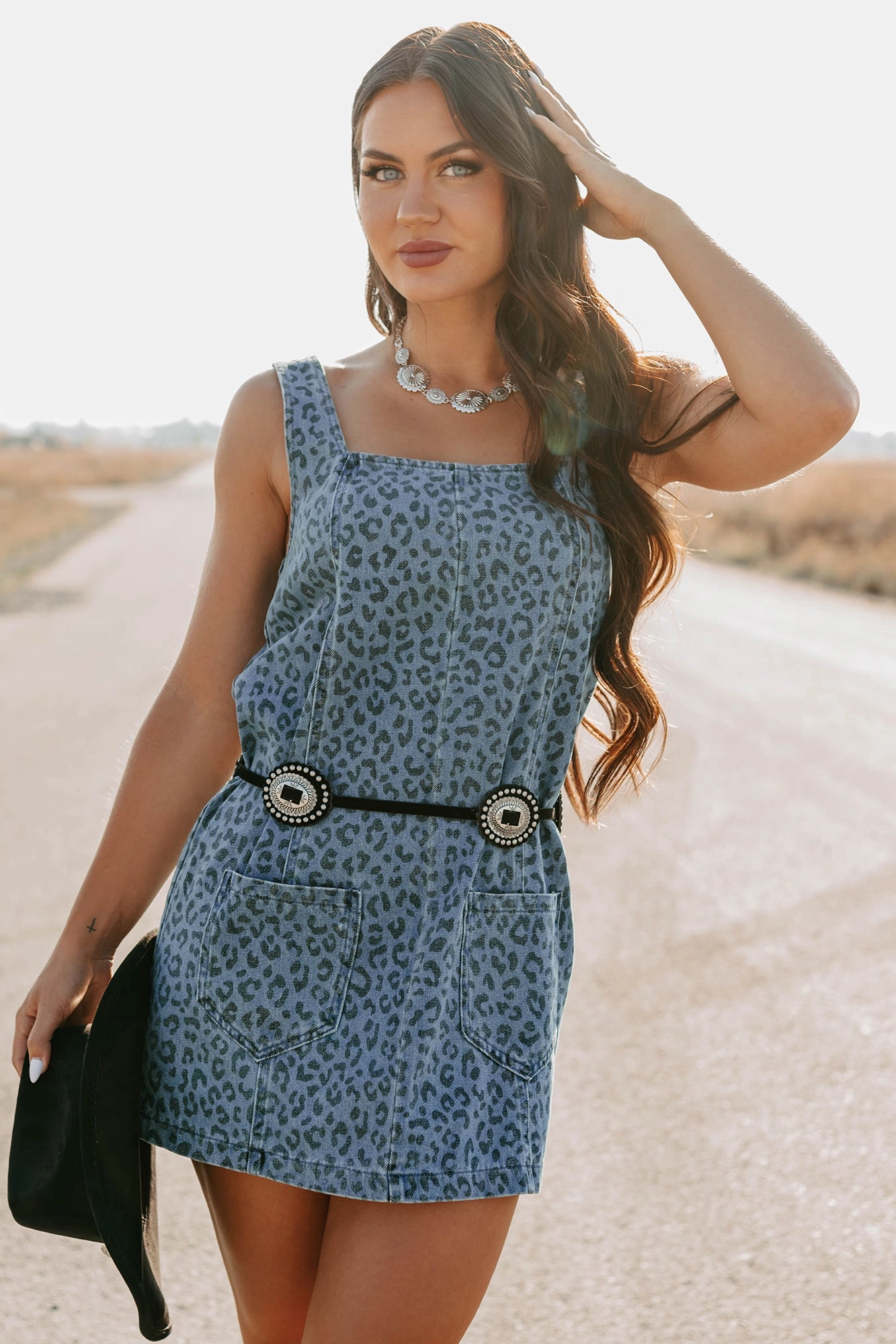 Bold Simplicity urban vibe Kendrix Animal Print Denim Mini Dress (Denim Leopard)