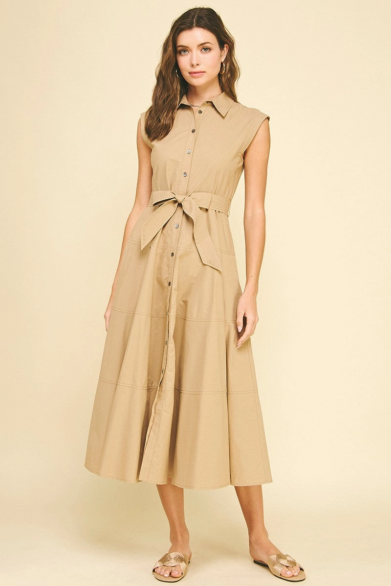 Khaki Button Down Maxi Dress Side-Slit Night Vibes