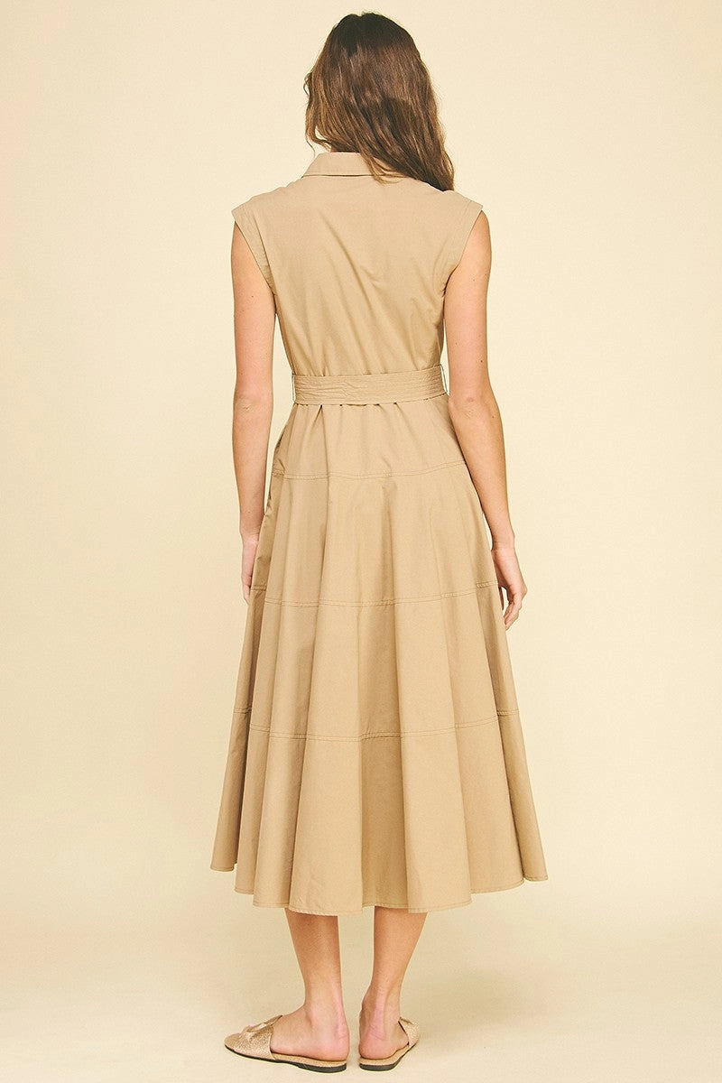 Khaki Button Down Maxi Dress Retro Mood Smooth Fit