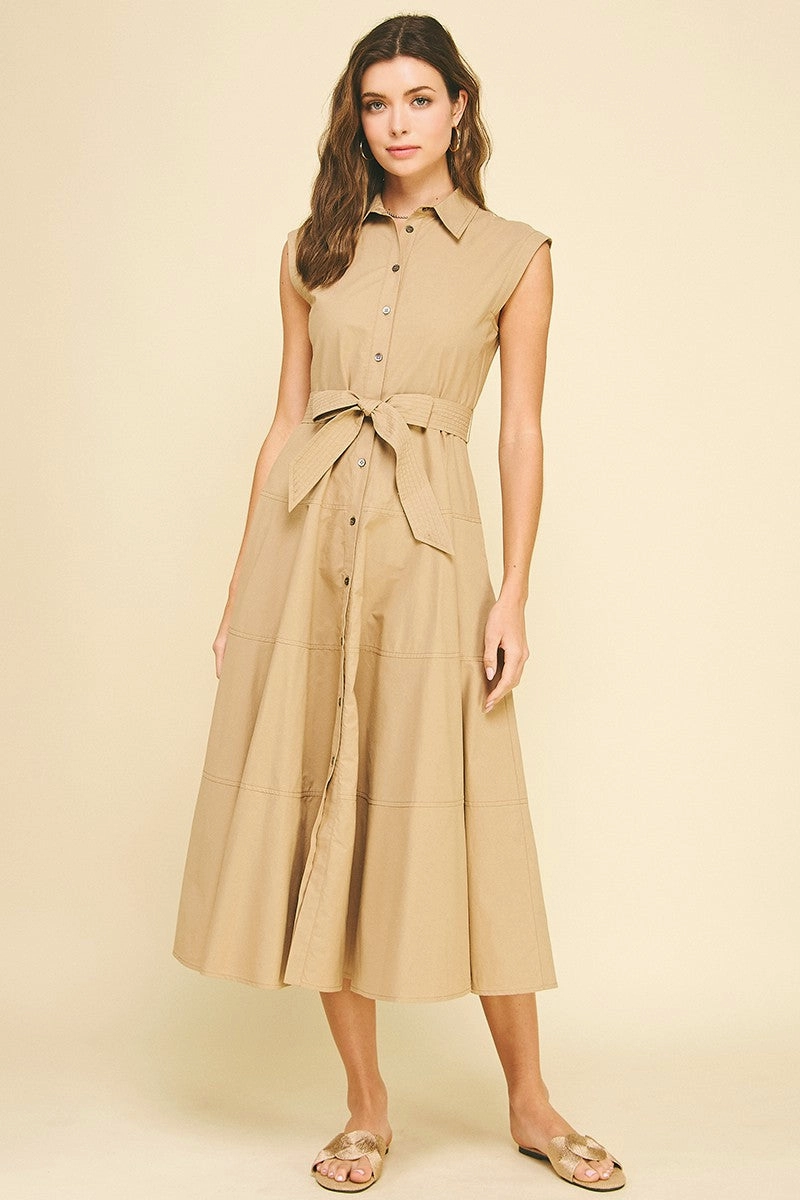 Khaki Button Down Maxi Dress Anniversary-Event Gender Inclusive