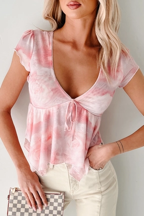 Chic Cardigan Adjustable Fit System Kissed By Flowers Floral Mesh Babydoll Top (Pink)