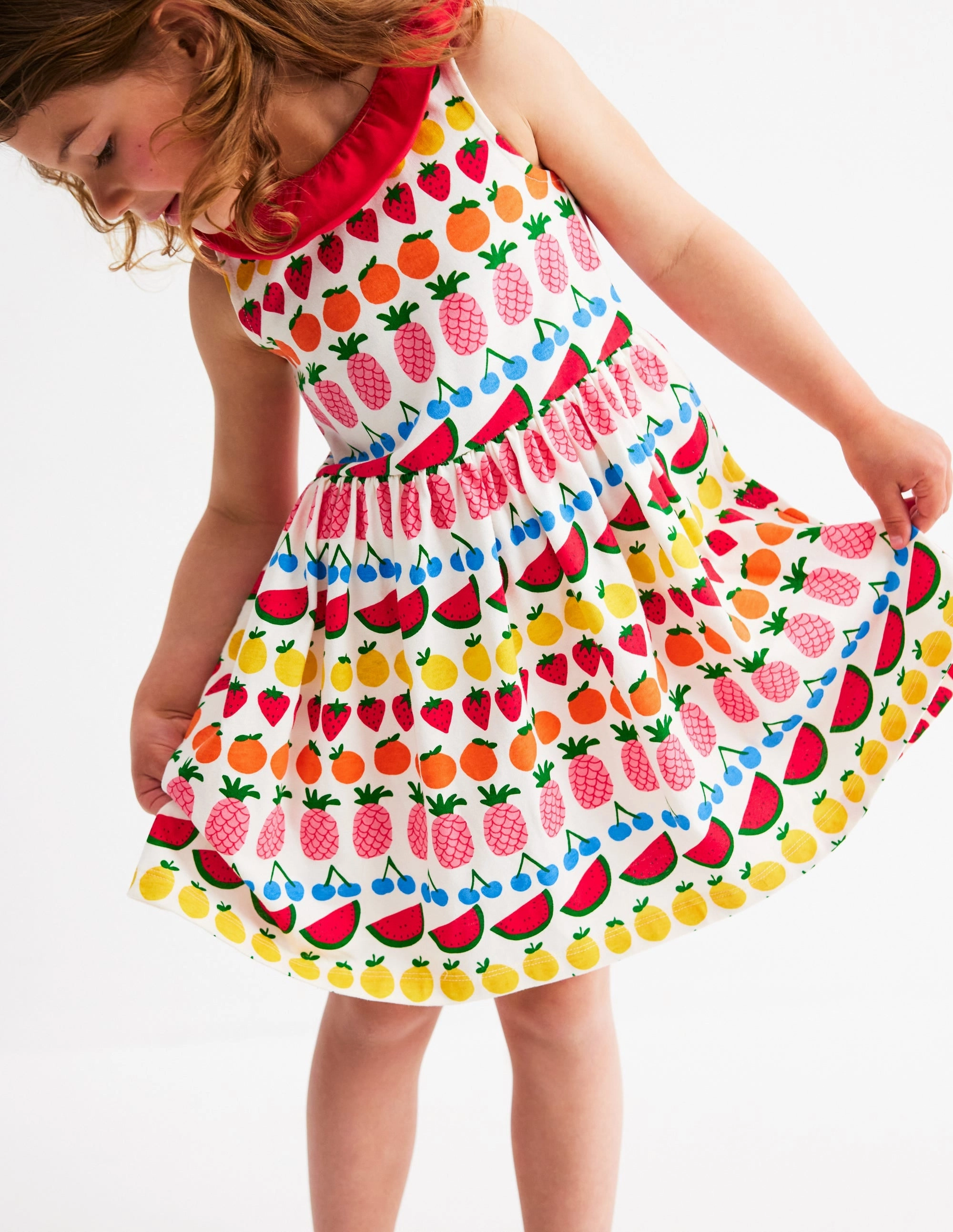 Smooth Edge Ruffle Neck Jersey Dress-Ivory Fruit Stripe