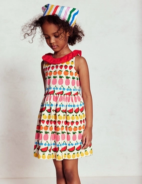 Easy Drape Fashion-forward day dress Ruffle Neck Jersey Dress-Ivory Fruit Stripe