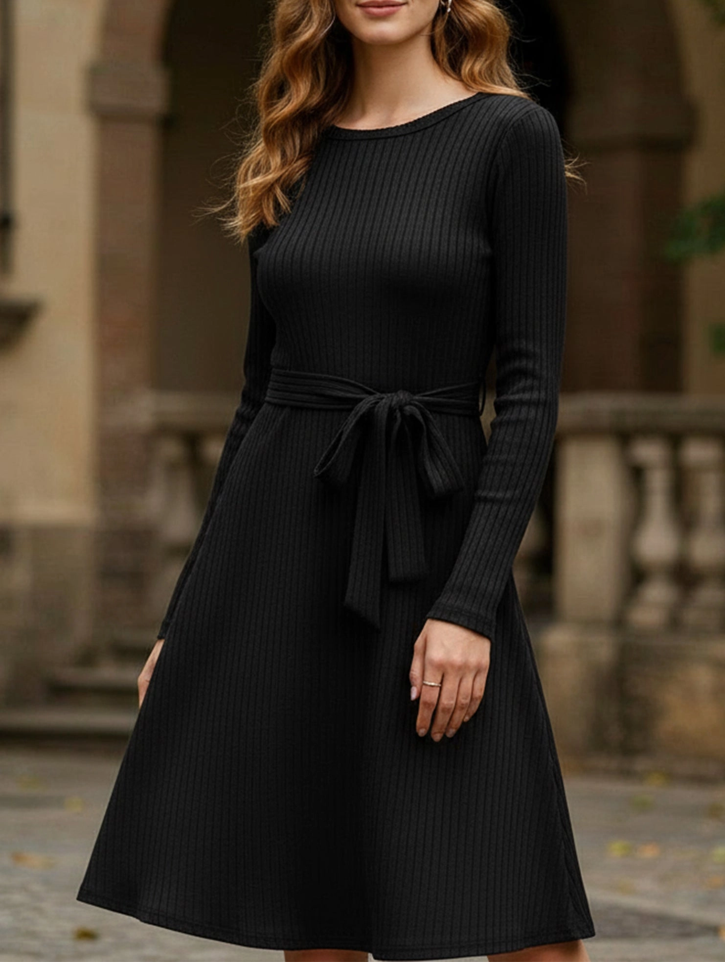 Fresh Palette Light Fit Knitted belt long-sleeved dress