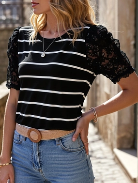 stain resistant coating Lace Short Sleeve Striped Slim Fit Top ??S to XL