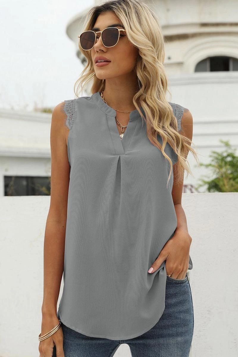 Layered Hem Detailing LACE SLEEVELESS FOLDED CHEST V NECK TUNIC TOP