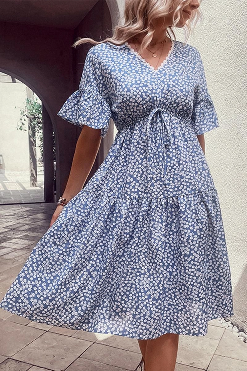 LACE TRIM V NECK EMPIRE WAIST FLORAL DRESS Layered Comfort Wear